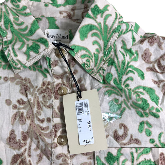 River Island Floral Print Shirt UK10 Women's Green Brown Cotton Long Sleeve