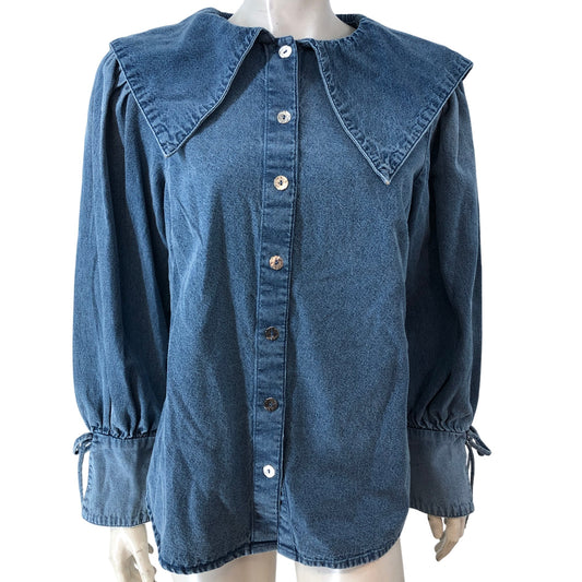 River Island Denim Heritage Blouse UK12 Women's Medium Blue Puff Sleeve
