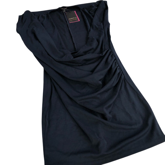 River Island Summer Dress UK10 Women's Cowl Neck Navy Blue Ruched Casual