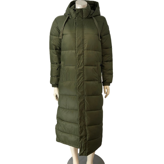 Tog24 Women's Puffer Jacket Olive Green Long Coat Hooded Warm Size 8