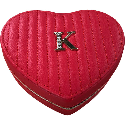 Heart Shaped Red Travel Jewellery Box With Letter K Design Velvet Lined