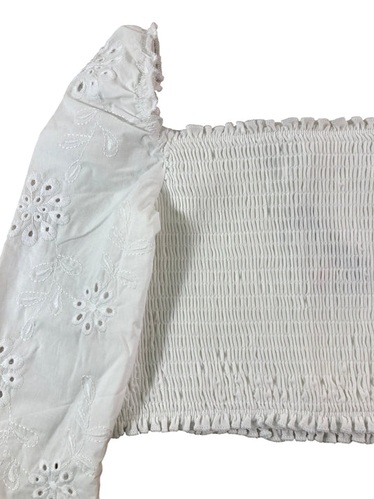 RIVER ISLAND Girls White Smocked Top UK7-8 Years Floral Embroidery Long Sleeve