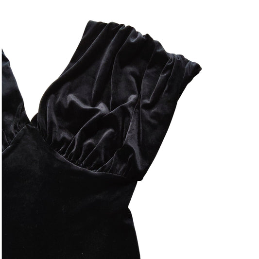 River Island Black Velvet Bodysuit UK12 Women's Low Back Puff Sleeve