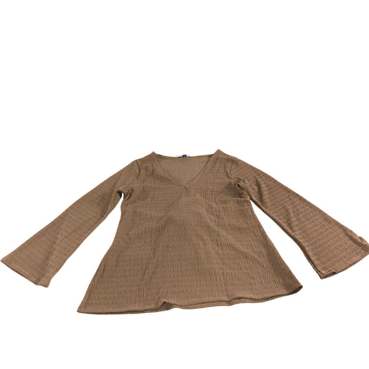 River Island Women's Top UK Large Brown V Neck Long Sleeve Textured Blouse