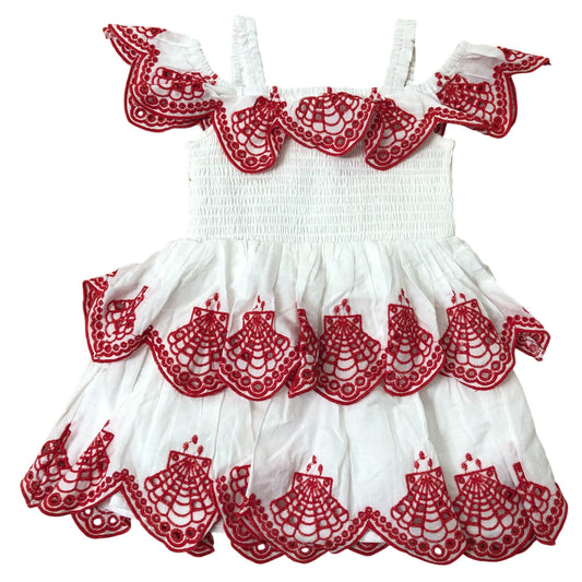 River Island Girls Dress 18-24 Months White Red Embroidered Ruffle Summer Outfit