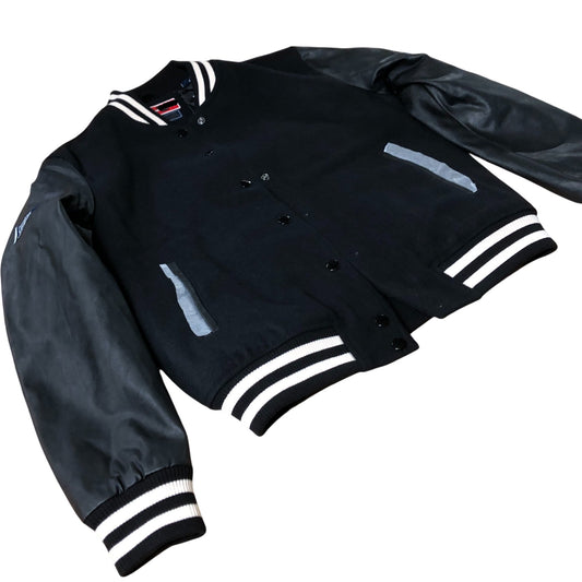 Branded Varsity Jacket Black Leather Look Sleeves Style Casual UK16