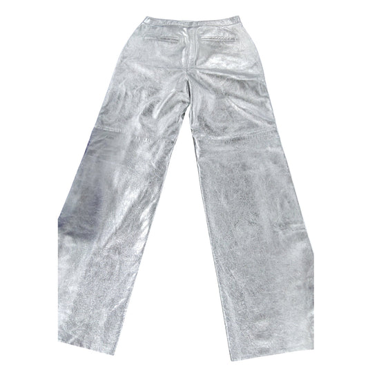 Branded Silver Leather Trousers UK12 Women's Stylish Casual Wide Leg