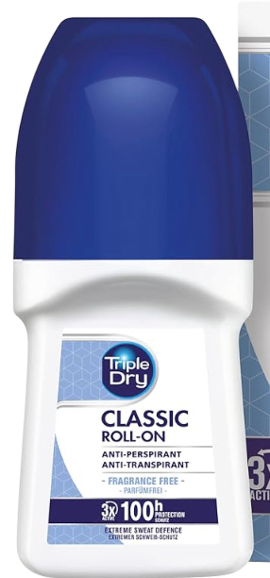 TRIPLE DRY Classic Roll On Antiperspirant 100ml Fragrance Free Pack of 4