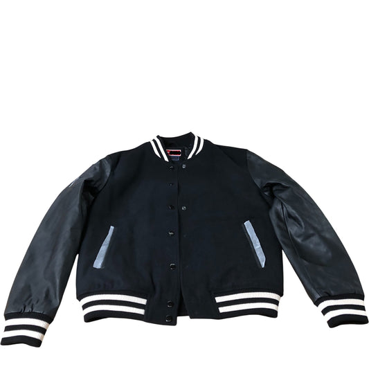 Branded Varsity Jacket Black Leather Look Sleeves Style Casual UK8