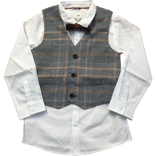 River Island Kids Four Piece Grey Check Suit - Shirt Trousers Waistcoat Bow Tie