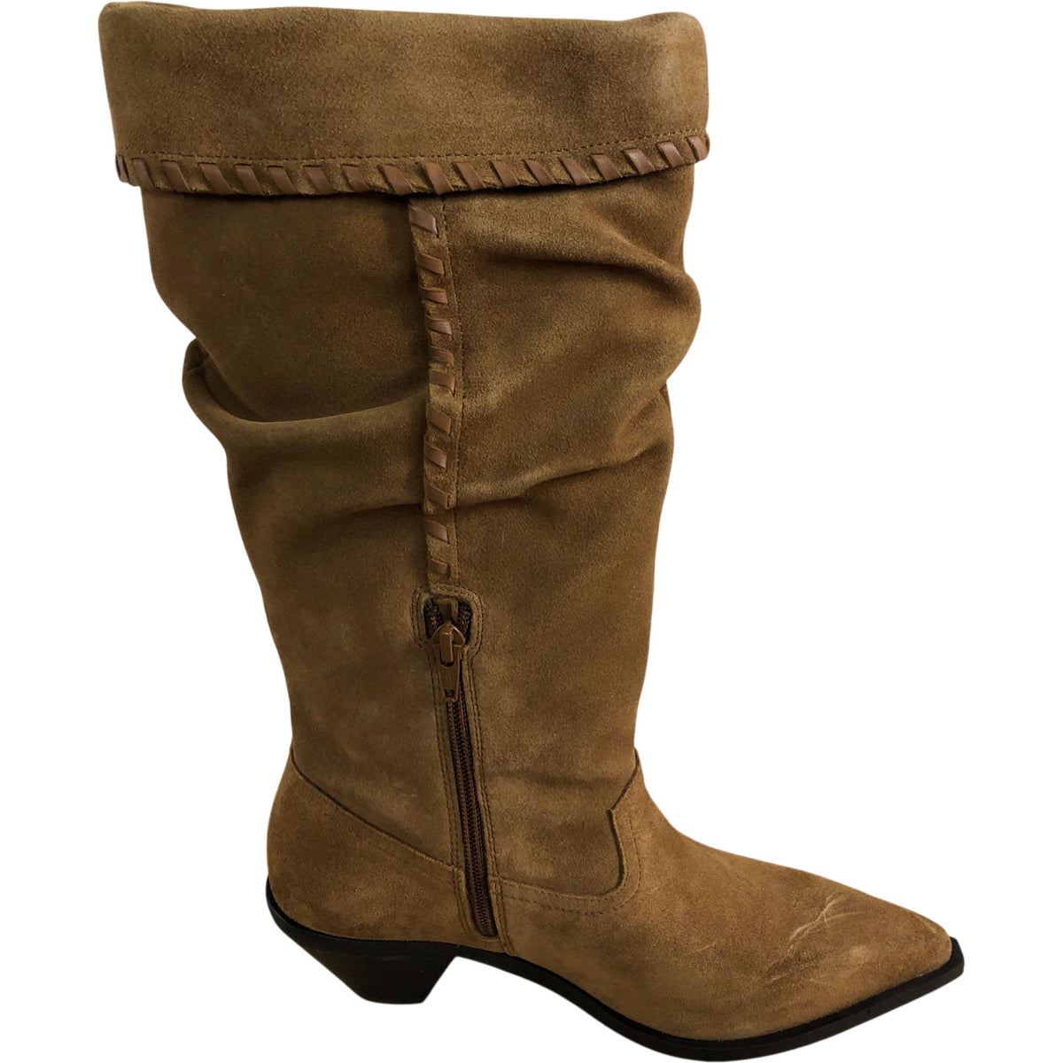 Isabelle Whipstitch Calf Boots Women's Tan Suede Pointed Heels