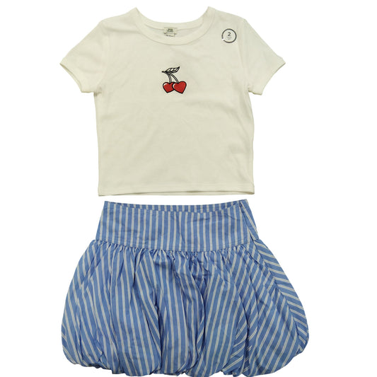 River Island Girls T-Shirt And Skirt Set Size 9-10 Years White Blue Striped
