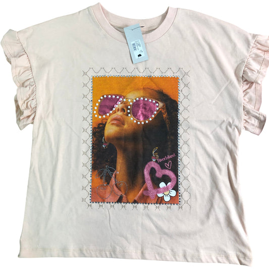 RIVER ISLAND Girls Graphic T-Shirt Size 12 Years Pink Ruffle Sleeve Top