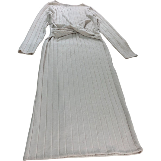River Island Twist Front Midi Dress UK Medium Women's Ribbed Long Sleeve Beige