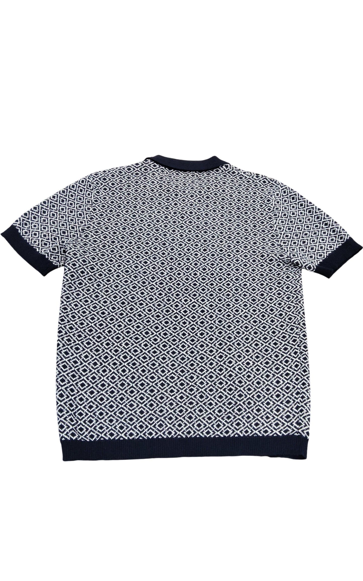 River Island Men's Large V Neck Polo Shirt Navy White Diamond Pattern