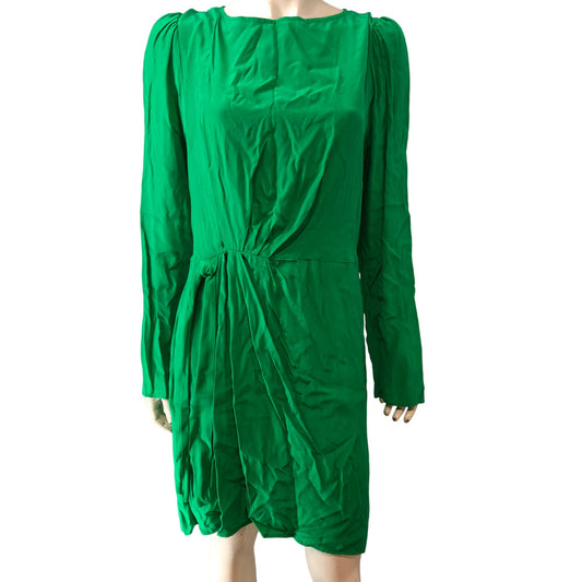 River Island Green Viscose Dress UK16 Women's Long Sleeve Pleated Design