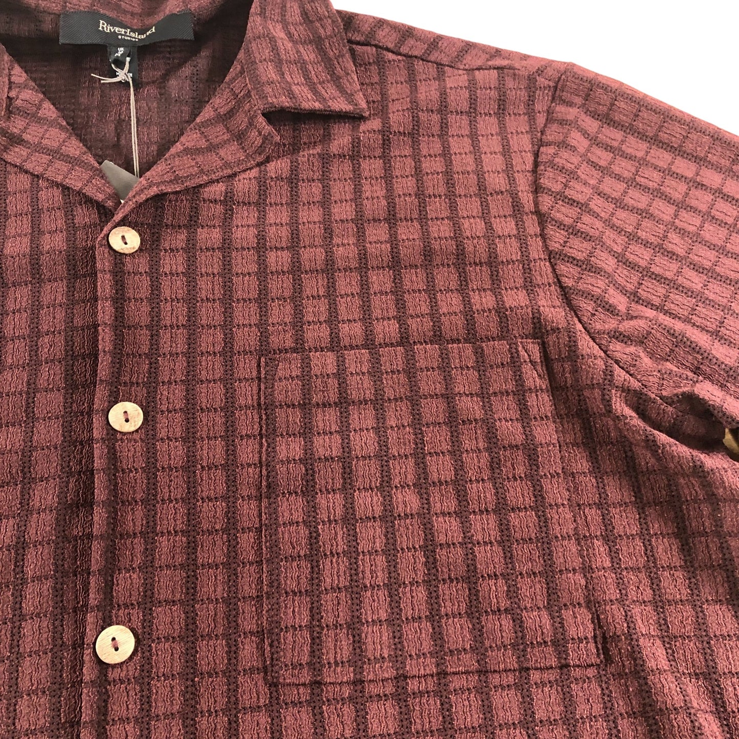 River Island Short Sleeve Casual Shirt Maroon Check Cotton Style Large