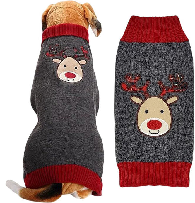 Grey Pet Dog Christmas Sweater Holiday Reindeer Design