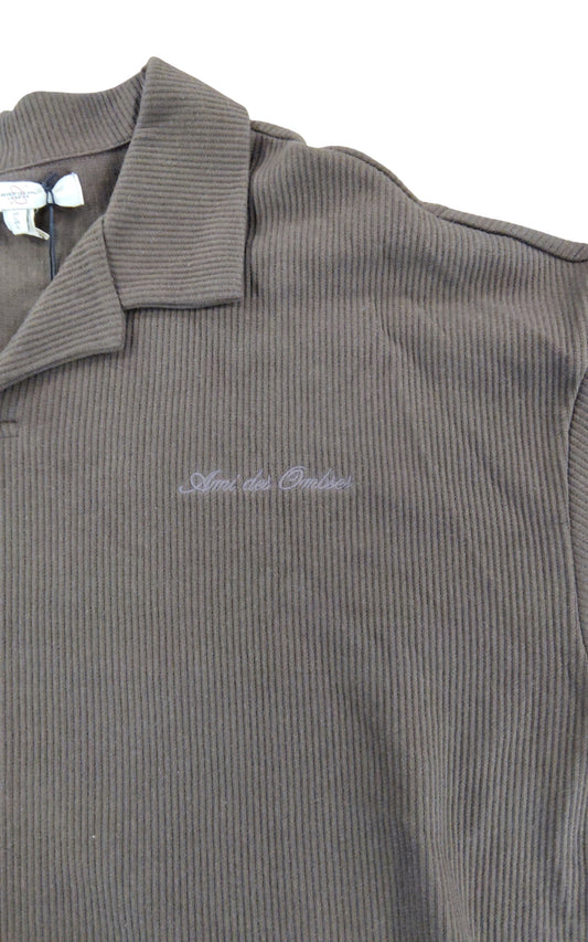 River Island Brown Ribbed Polo Shirt UK L Women's Short Sleeve Top