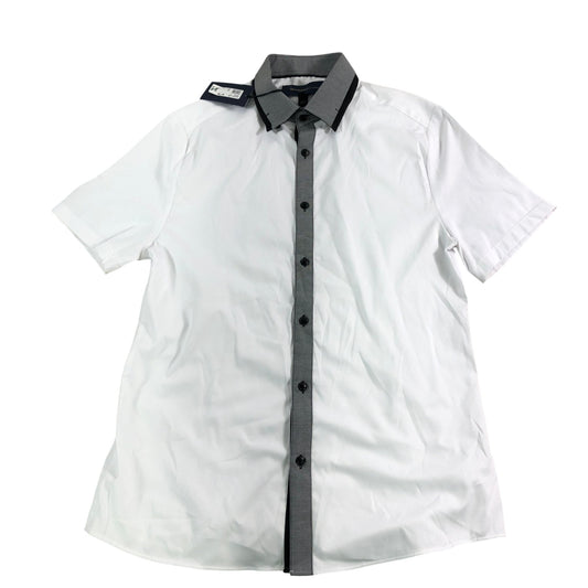 River Island White Short Sleeve Shirt With Grey Check Collar Size M Men's