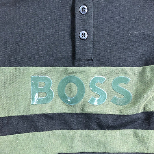 BOSS Slim Fit Polo Shirt Black Boys Short Sleeve Green Stripe 5 Years
