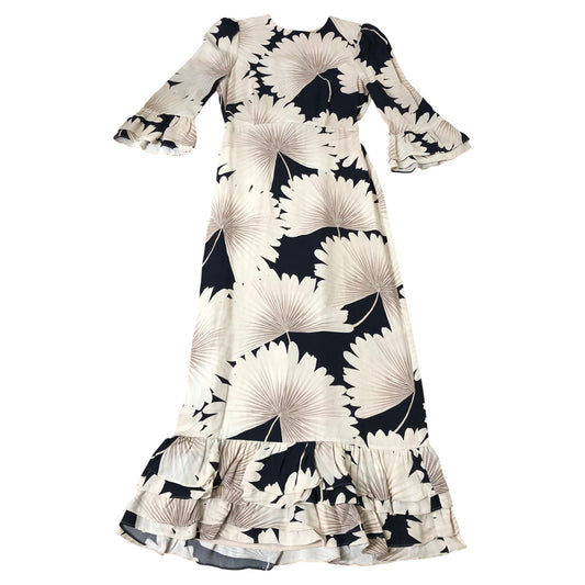 Floral Maxi Dress UK6 Women's Elegant Navy Blue Bell Sleeve Ruffle Hem