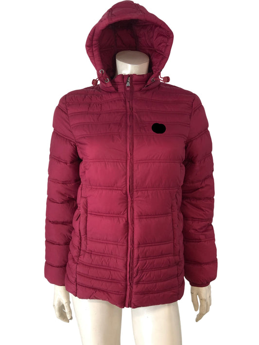 Branded Puffer Jacket Women's Hooded Burgundy Quilted Size 10
