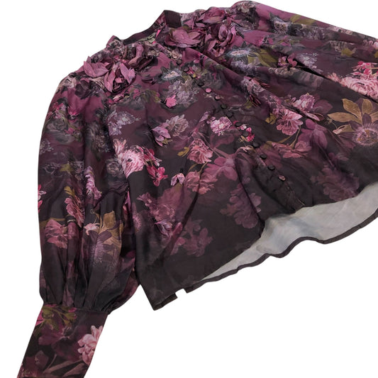 River Island Floral Print Blouse Women's Sheer Long Sleeve Purple Top UK18