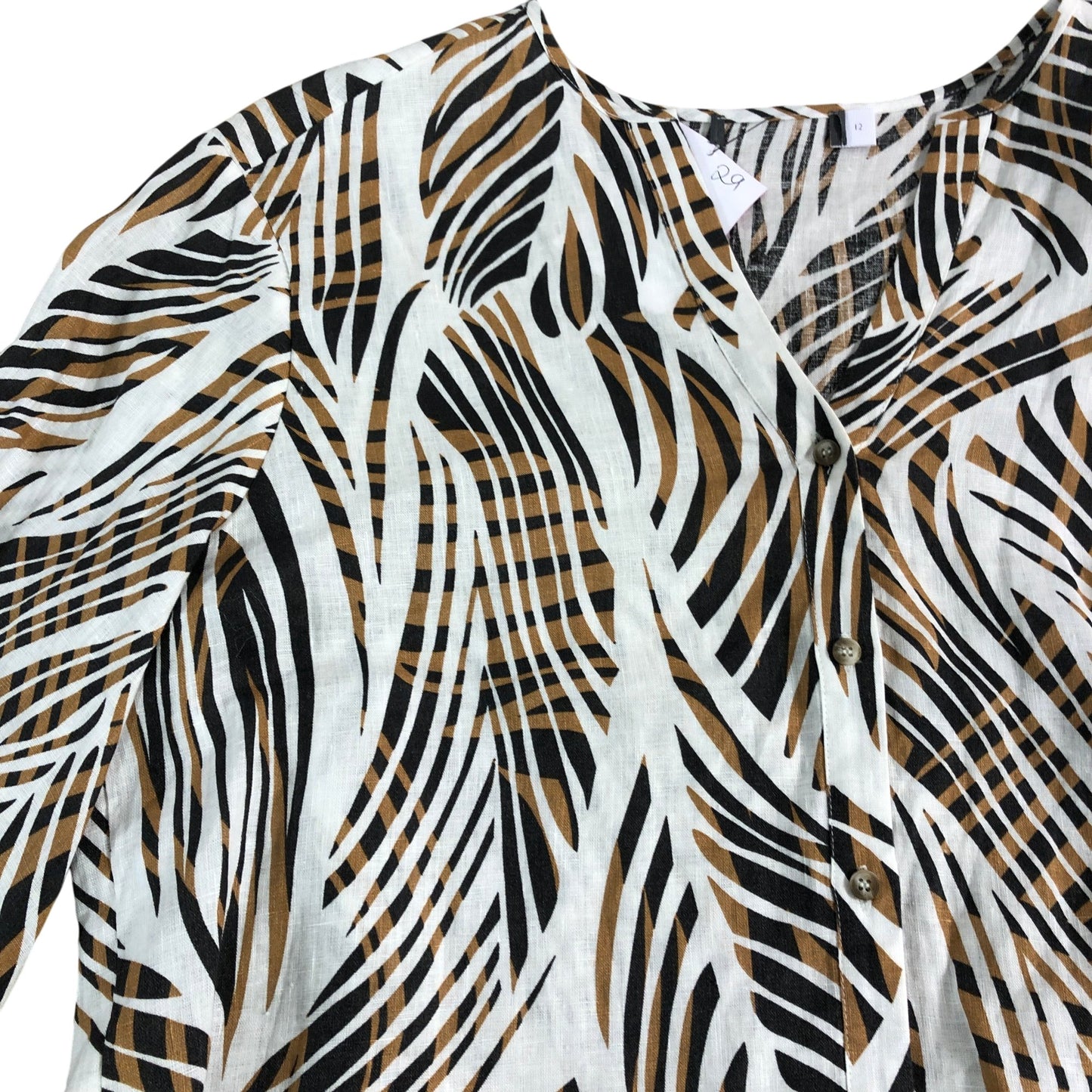 Branded Stylish Linen Blouse UK12 Women's White Brown Printed Long Sleeve Top