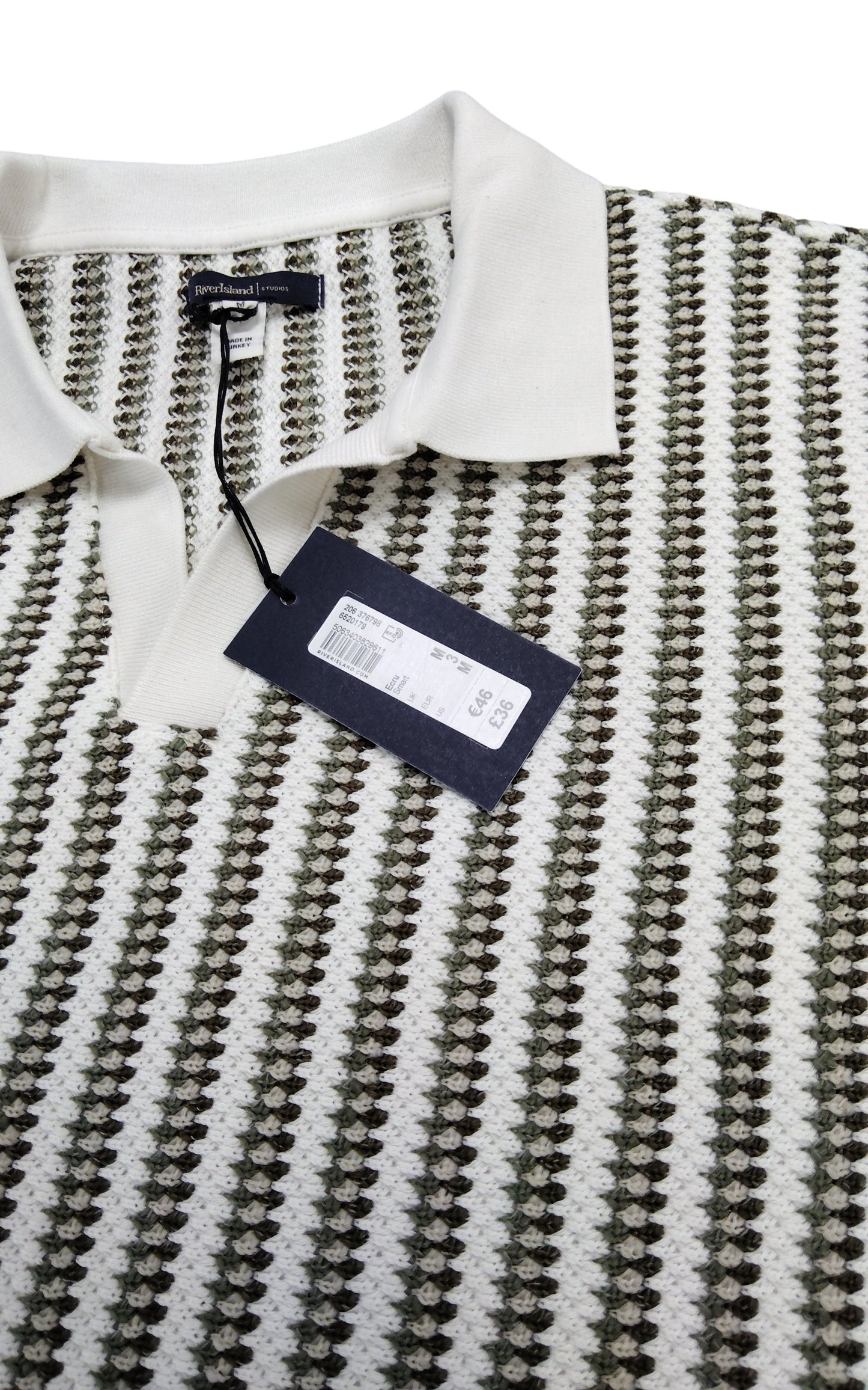 River Island Men's Polo Shirt Size M Green And White Striped Cotton New With Tag