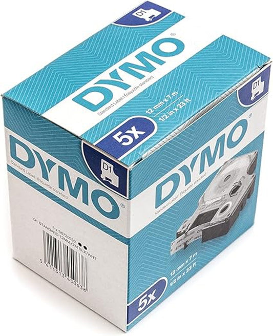 DYMO D1 Label Tapes 12mm 5 Pack Standard Label White Background Blue Text