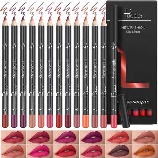 Pudaier New Fashion Stereoscopic Lip Liner Set Perfect For Lip Makeup 12 Pieces
