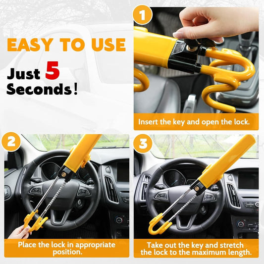 Tevlaphee Twin Bar Double Hook Steering Wheel Lock High Security Universal Fit