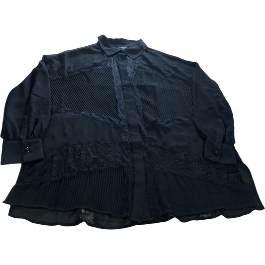 River Island UK16 Women's Black Lace Sheer Pleated Detail Blouse Long Sleeve