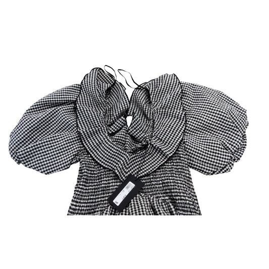 River Island Cocktail Gingham Dress Black White Smocked Puff Sleeve UK 8 Women's