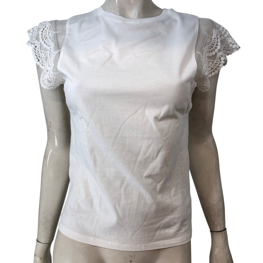 River Island Women's White Top XS Lace Cap Sleeve T-Shirt Elegant Casual