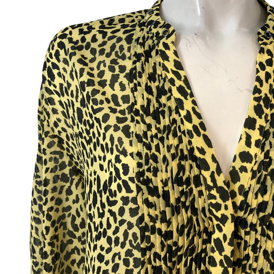 Leopard Print Blouse UK12 Women's Long Sleeve Polyester Yellow Black