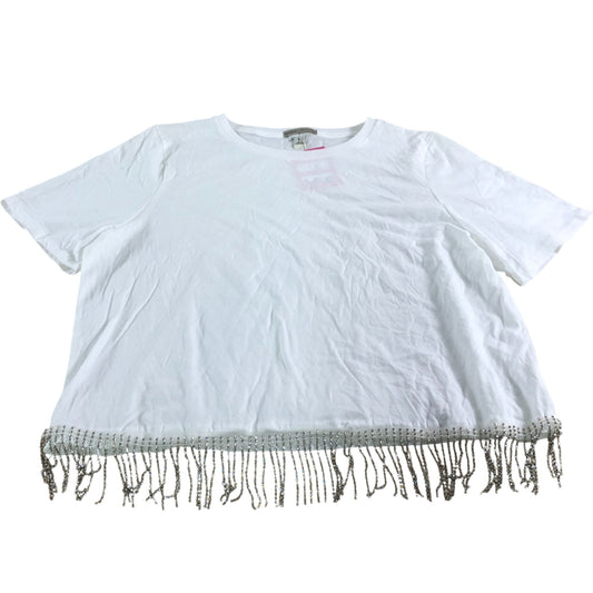 River Island White T Shirt UK16 Women's Short Sleeve Diamante Fringed