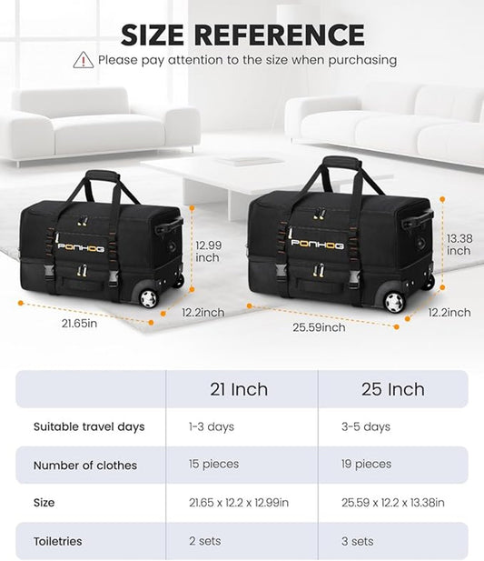 PONHOG 21 Inch Wheeled Duffel Bag Black Portable Lightweight Travel Holdall
