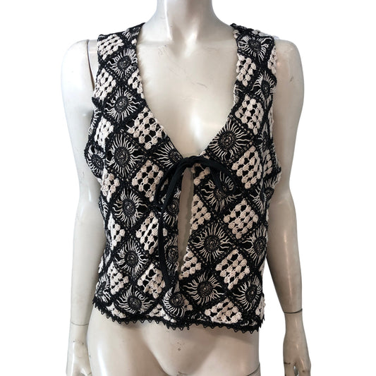 River Island Women's Crochet Vest Top UK L Black White Floral Design Vintage