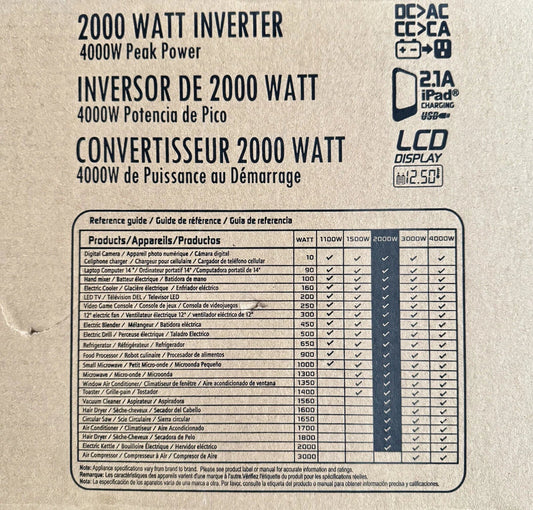Krieger 2000 Watt Inverter 4000W Peak Power 12V DC to AC Converter LCD Display