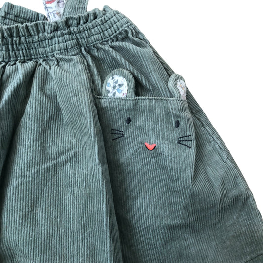 Girls 3-4 Years Green Corduroy Dungaree Dress With Cat Pocket Details