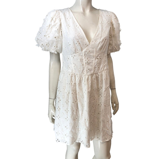 River Island Women's White Embroidered Short Dress UK10 Puff Sleeve