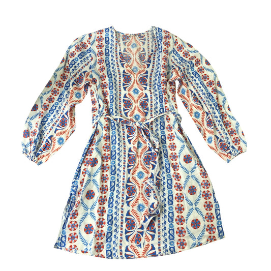 Floral Print Women's Dress UK14 Casual Boho Style 100% Linen Long Sleeve