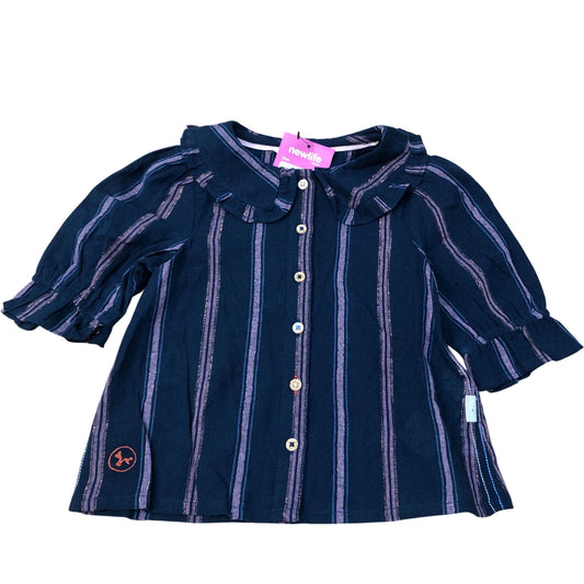 Striped Blouse Girls Cotton Blend Navy Pink Ruffle Detail