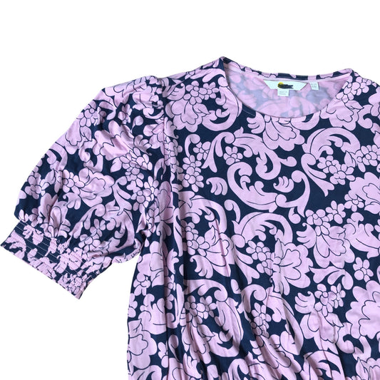 Pink & Navy Floral Print Midi Dress UK Size 12 Women's Elasticated Waist