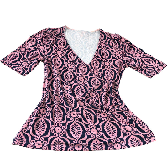 Pink Patterned Short Sleeve Wrap Jersey Top - Size 12