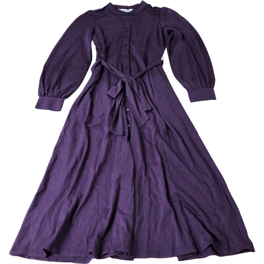 Purple Midi Dress Women's Button Up Tie Waist Long Sleeve UK6