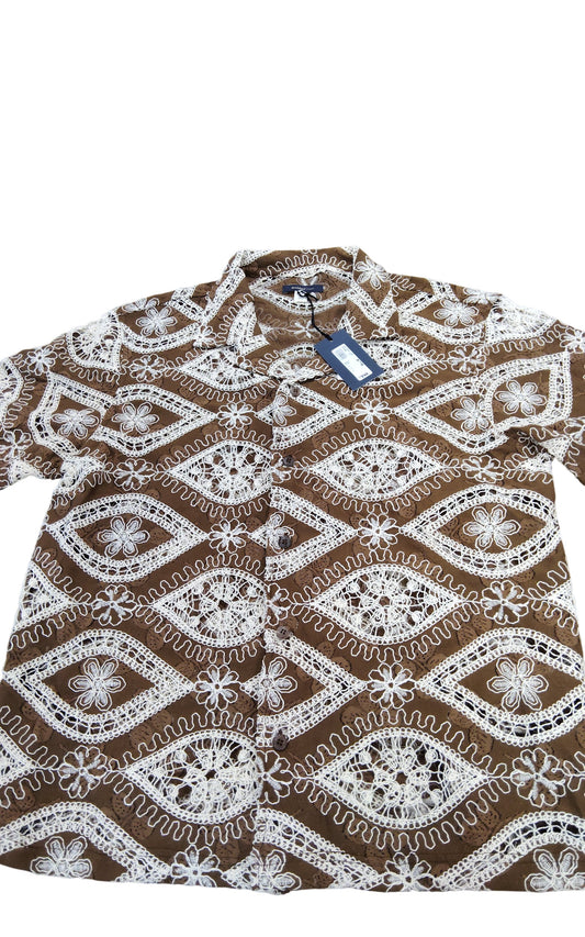 River Island Men'S Short Sleeve Brown Casual Shirt Size M Floral Pattern