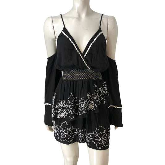 River Island Black Cold Shoulder Playsuit UK S Women's Embroidered Detail